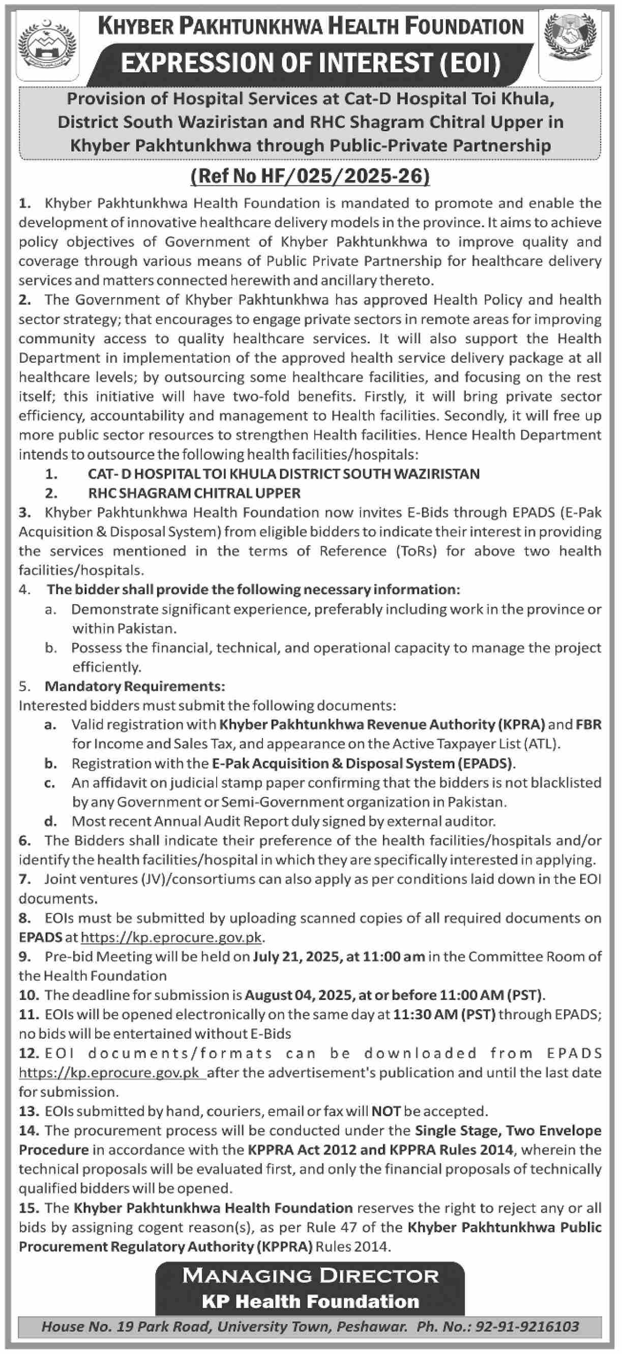 Khyber Pakhtunkhwa Health Foundation Peshawar Tender Notice-2
